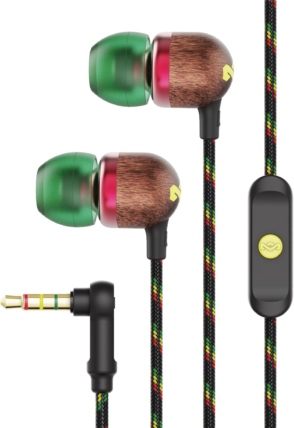 Smile Jamaica: Wired Earphones with Microphone, Noise Isolating Design, and Sustainable Materials (Rasta)