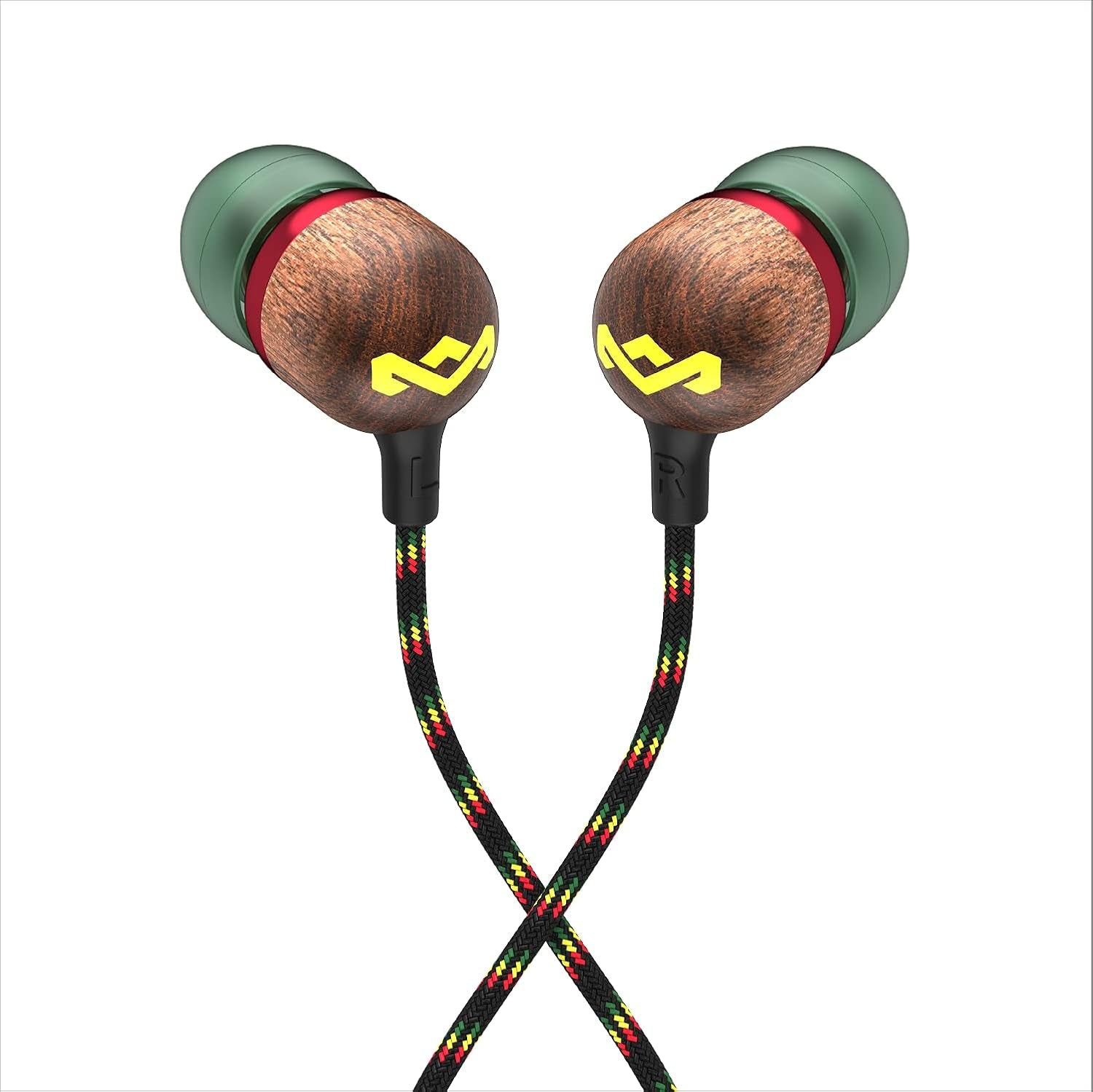 Smile Jamaica: Wired Earphones with Microphone, Noise Isolating Design, and Sustainable Materials (Rasta)