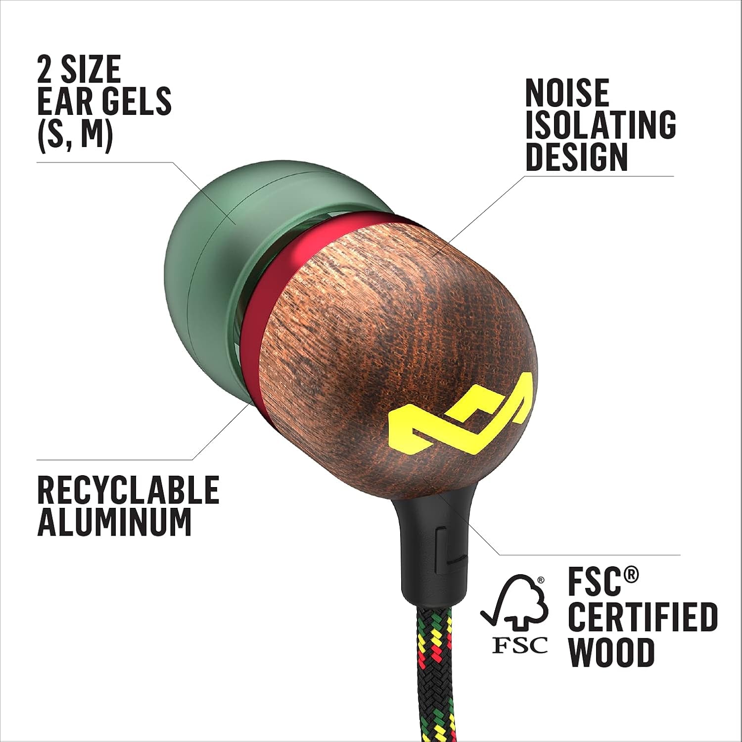Smile Jamaica: Wired Earphones with Microphone, Noise Isolating Design, and Sustainable Materials (Rasta)