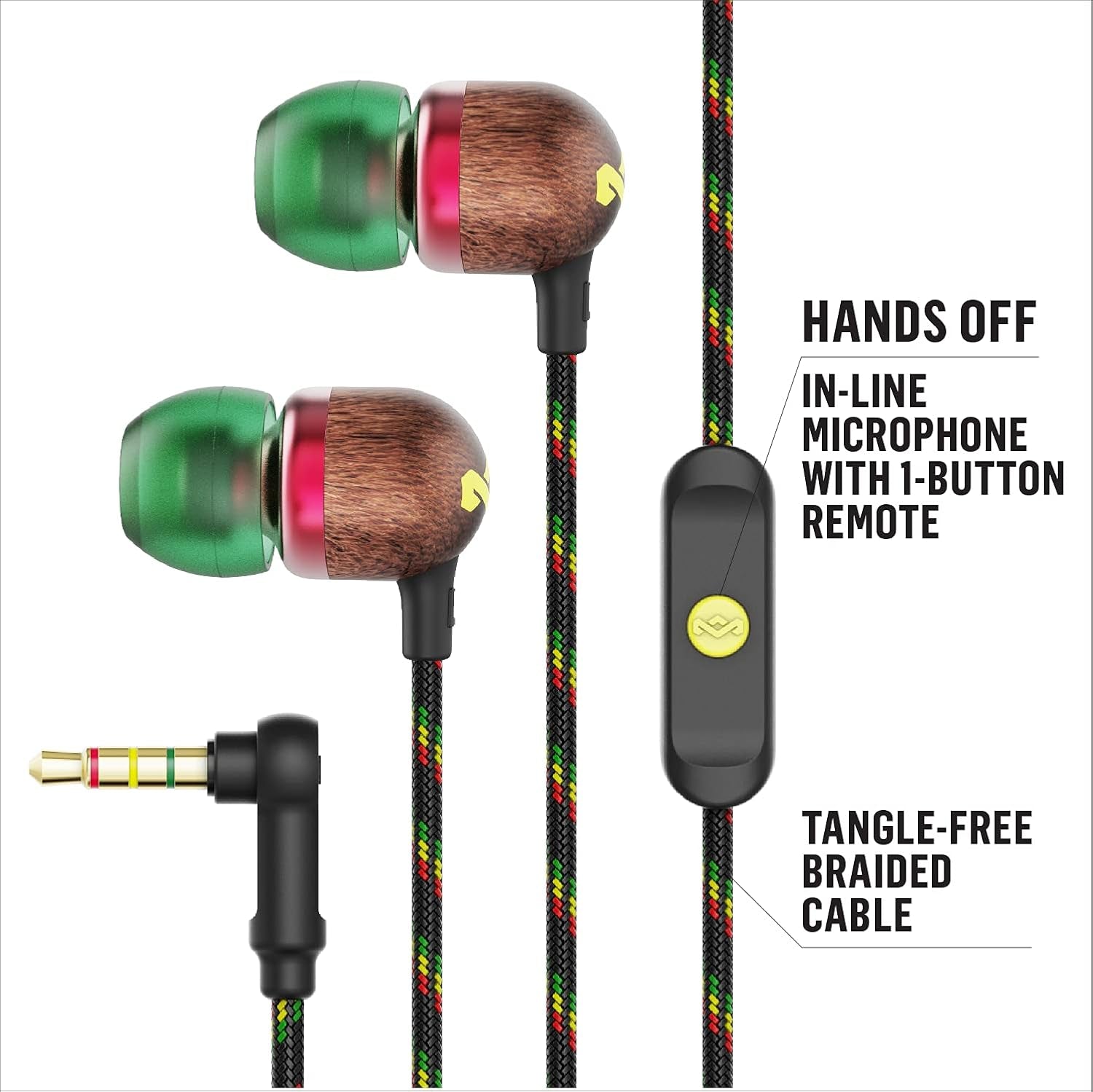 Smile Jamaica: Wired Earphones with Microphone, Noise Isolating Design, and Sustainable Materials (Rasta)
