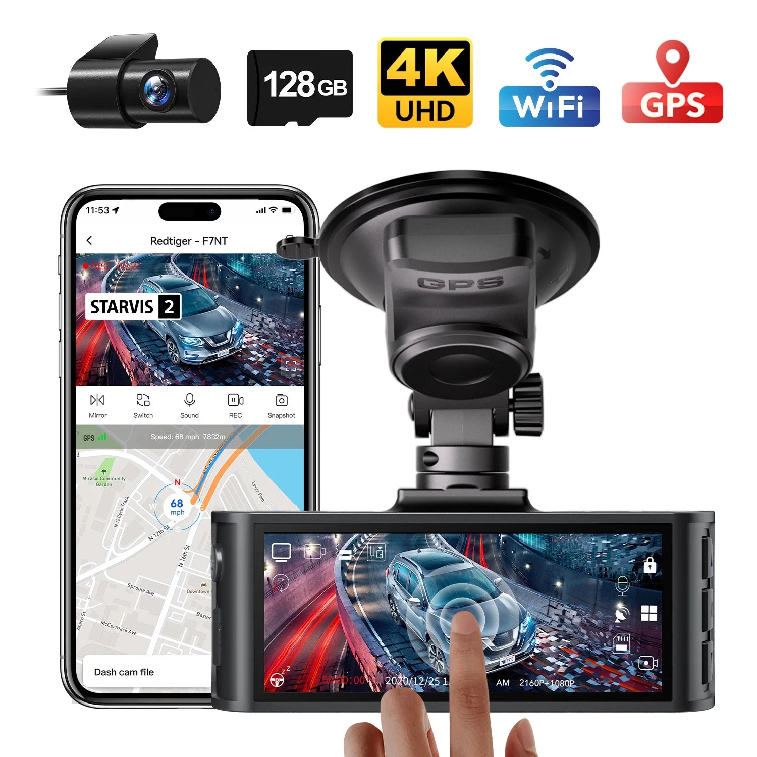Touch Screen Dash Cam Front and Rear, 4K Dash Camera with STARVIS 2 Sensor, Free 128GB Card, Car Camera with Wifi GPS, Voice Control, Wdr,5.8Ghz Wifi, 24H Parking Mode, Night Vision